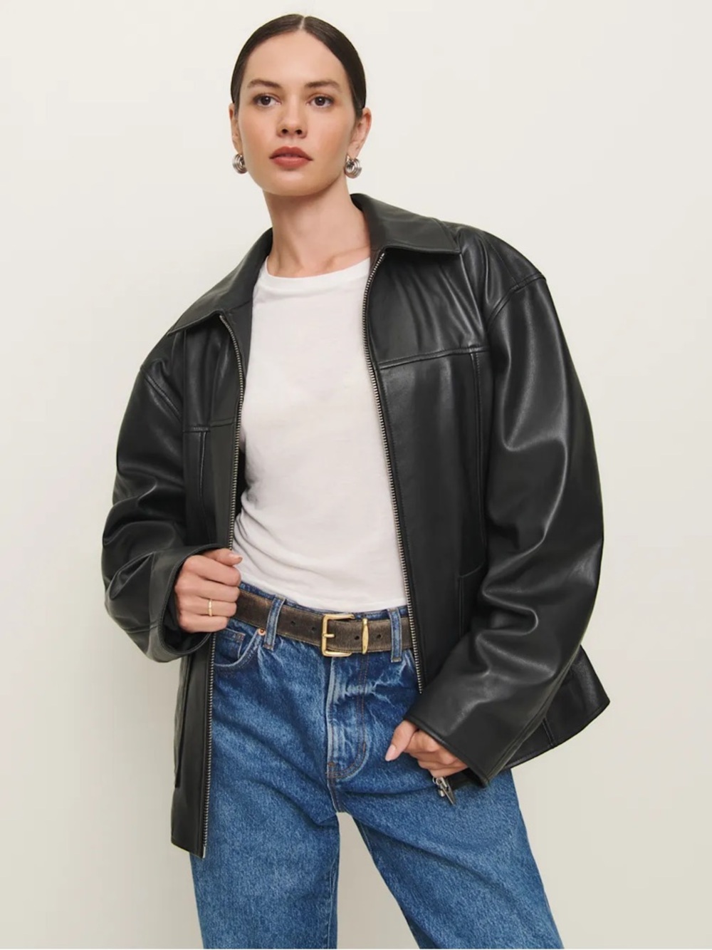 Genuine Black Leather Oversized Bomber Jacket